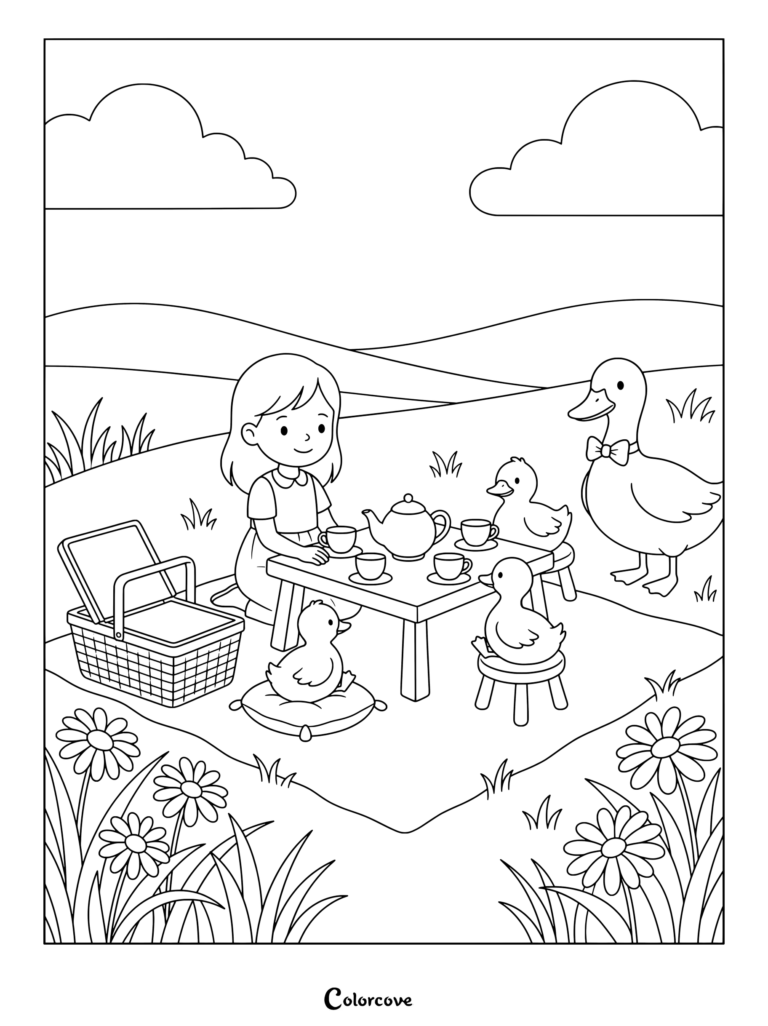 A girl having a delightful tea party with a duck and ducklings coloring page.