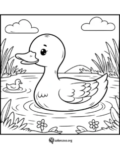 Coloring page of a cute duck and duckling swimming in a pond with flowers, reeds, and clouds in the background.