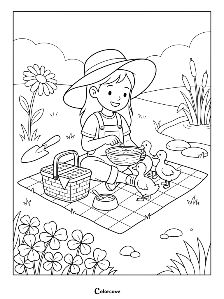 A smiling girl in overalls and a sunhat feeding grain to friendly duck characters on a picnic blanket by a pond in this printable duck coloring page.