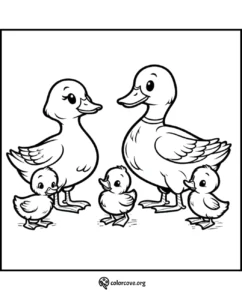 Coloring page of a duck family with two adult ducks and three ducklings. Perfect for kids' coloring activities.