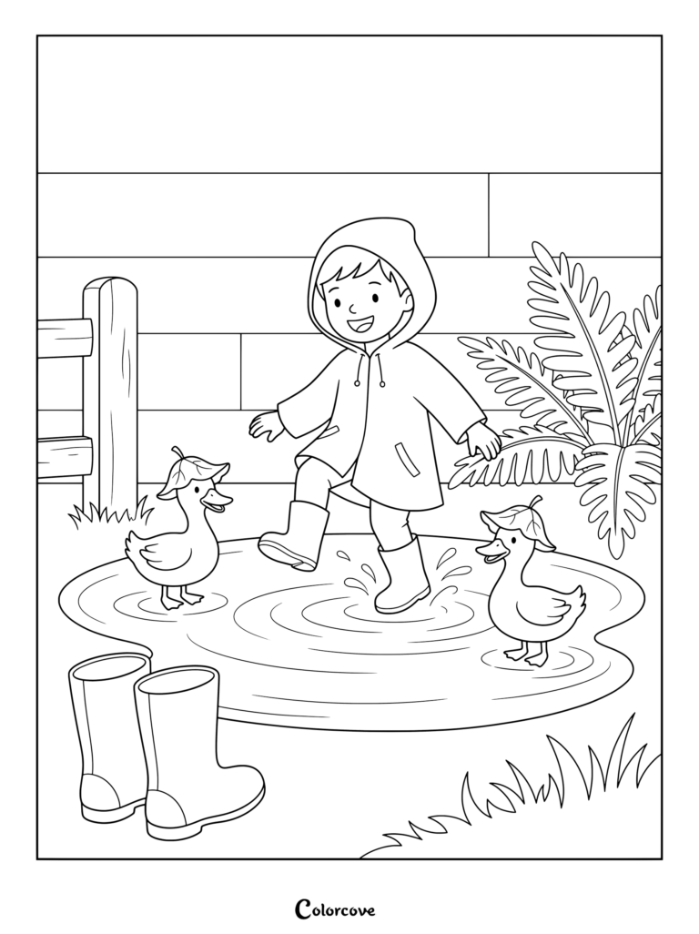 A boy in a raincoat and rainboots splashing in a puddle with two little birds wearing leaf hats duck coloring page