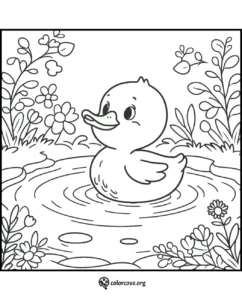 Adorable duckling in pond coloring page for kids, surrounded by flowers and plants, perfect for coloring enthusiasts.
