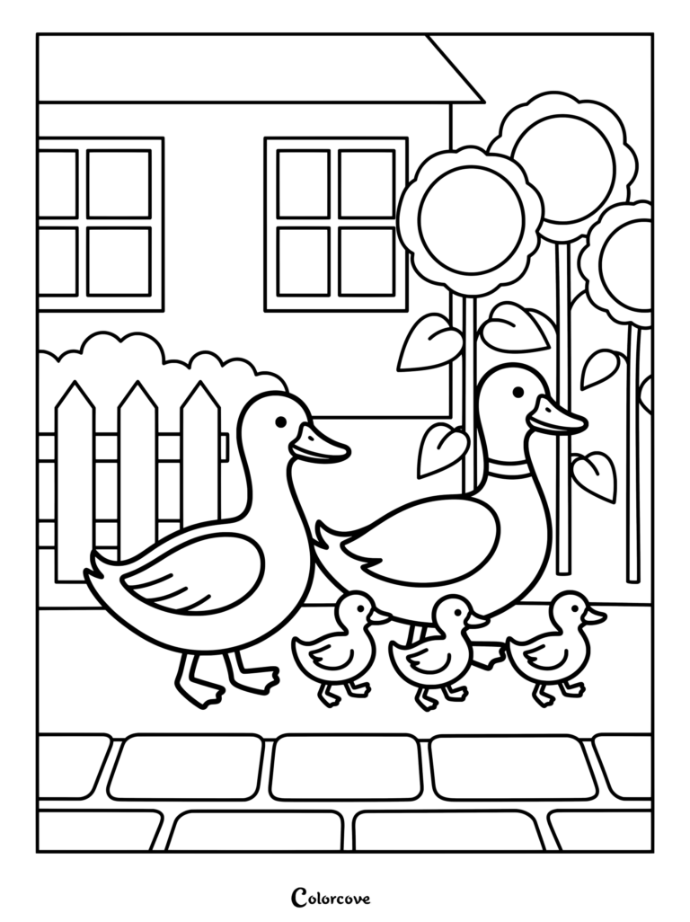 Duck family coloring page featuring parents and three ducklings walking past a house and sunflowers.