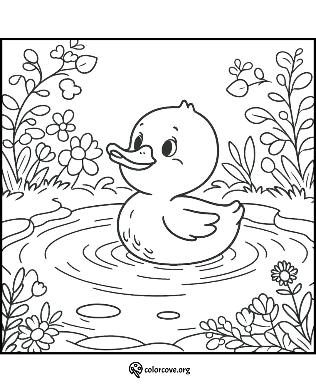 a coloring page of a duck in a pond