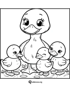 Duck family coloring page for kids featuring happy mother duck with three adorable ducklings. Fun and educational.