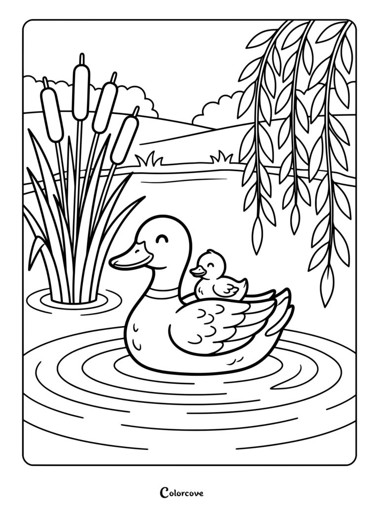 Duck coloring page showing a mother duck and a little duckling swimming in a pond near cattails and willow branches.