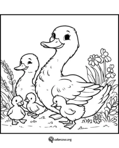 Duck family coloring page with mother duck and ducklings among flowers and plants, perfect for kids' activities.