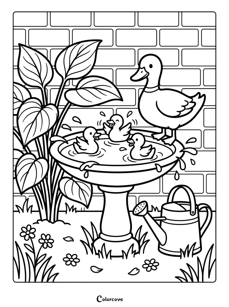 Printable duck coloring page featuring a mother bird watching three little ducklings splash in a garden birdbath next to a watering can.