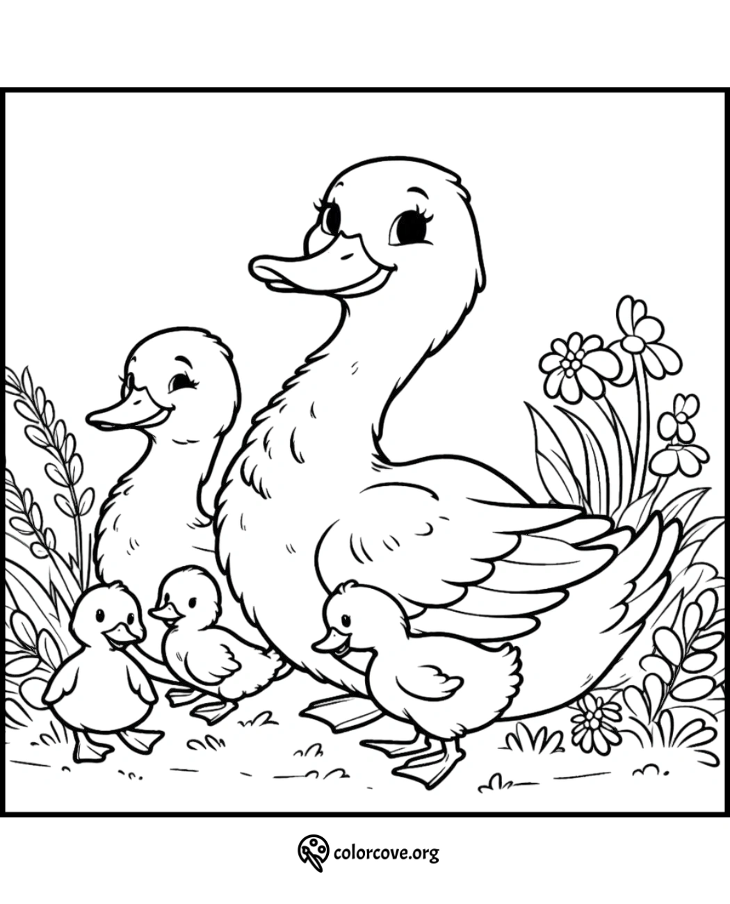 a coloring page of a duck family