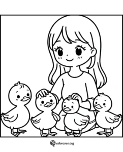 Girl petting four cute ducklings coloring page - free printable children's activity from colorcove.org.