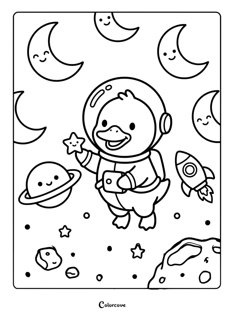 Duck astronaut holding a star in space coloring page with smiling moons and a rocket ship.