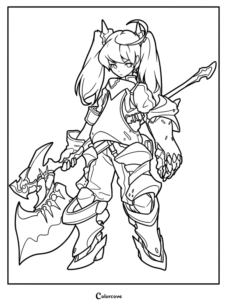 A coloring page featuring a young dwarf warrior girl with twin tails, wearing ornate plate armor and holding a large, intricate battle axe.