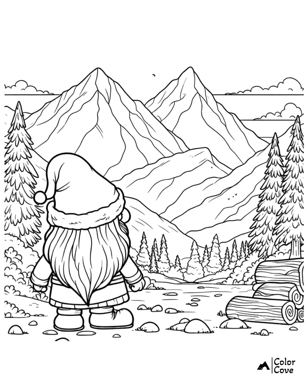 Gnome coloring page: a gnome with a pointed hat stands looking at a scenic mountain landscape with trees and logs.