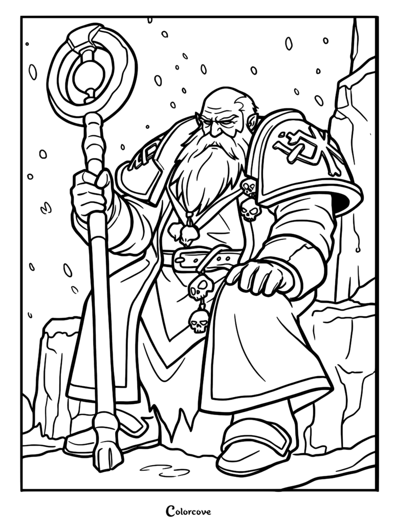 A coloring page of a bearded Dwarf Rune Priest wearing skull-adorned armor and holding a circular staff in a snowy mountain setting.