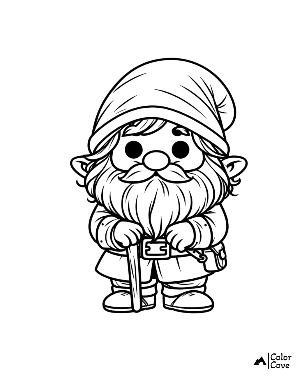 Coloring page of a cute gnome with a long beard, holding a cane, wearing a hat, belt, and boots from Color Cove.