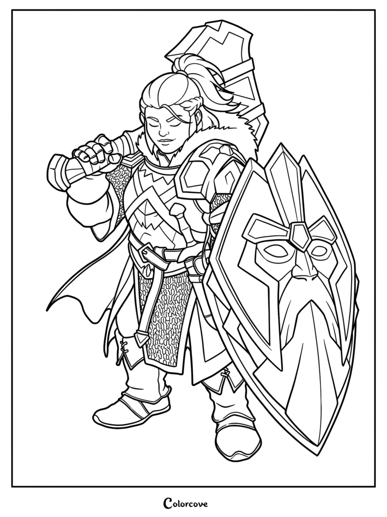 Female dwarf warrior in plate armor holding a large hammer and a face-etched shield, coloring page.