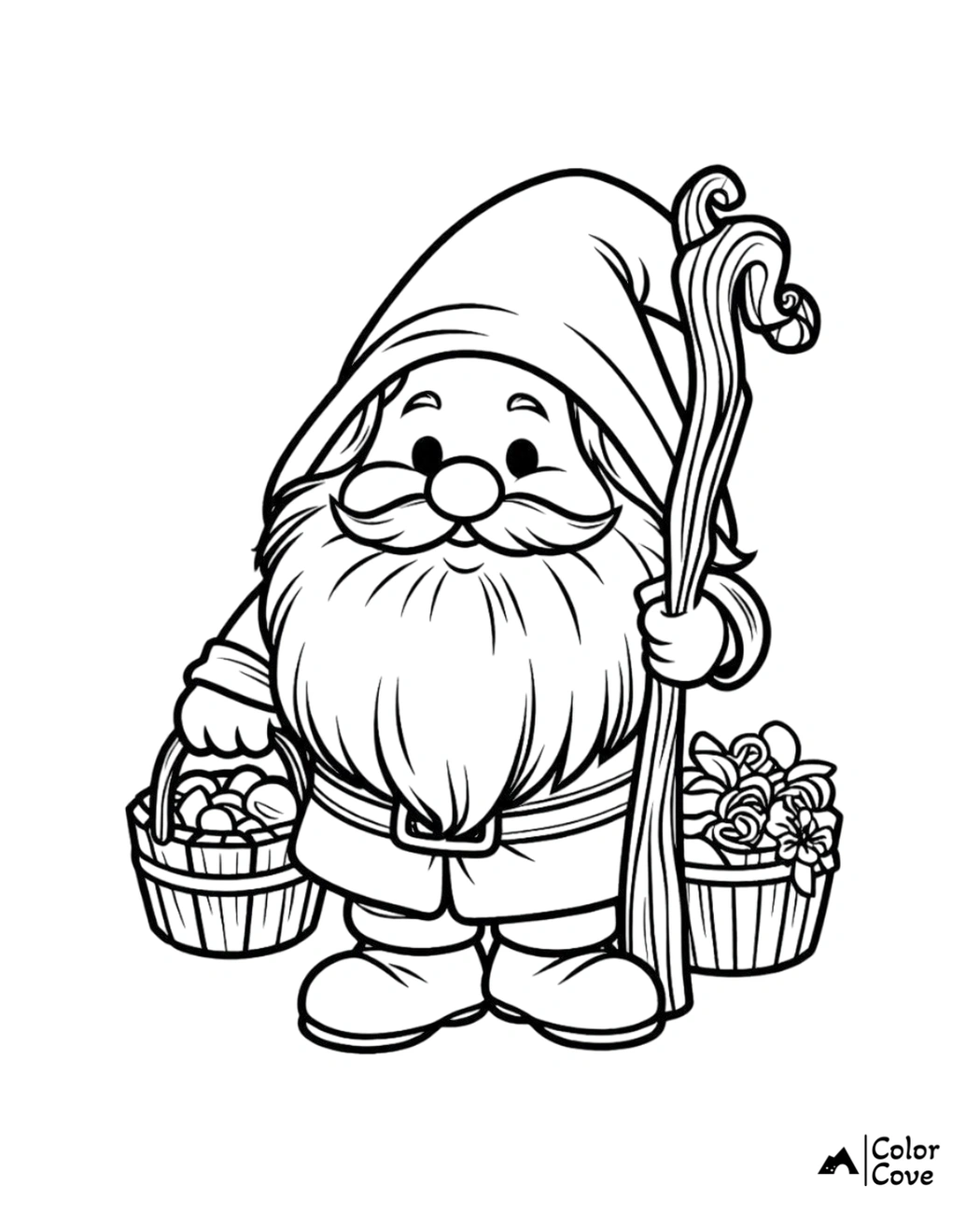 Coloring page featuring a cute gnome with a long beard holding a staff and carrying baskets of fruits and flowers.