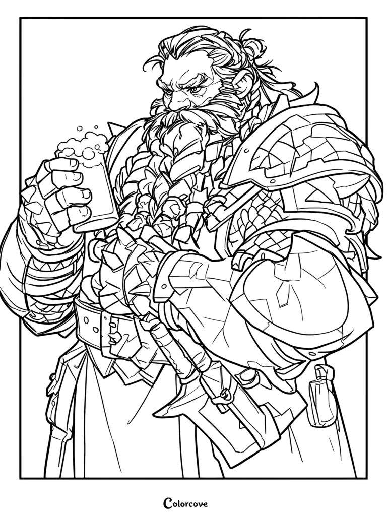 A detailed coloring page of a bearded dwarf warrior in heavy plate armor holding a frothy mug of ale.