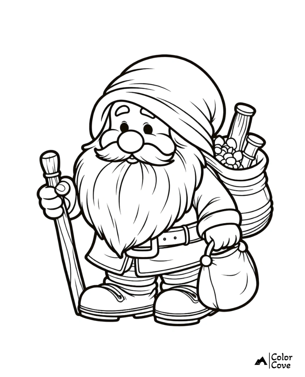 Coloring page of a bearded gnome holding a walking stick and bag, with a backpack full of supplies. Suitable for kids.