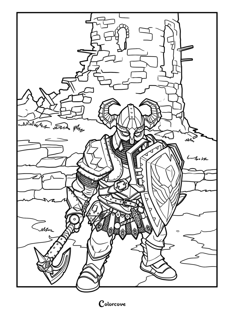 An armored dwarf warrior wearing a horned helmet and holding a battle axe and shield in front of a ruined stone tower, printable coloring page.