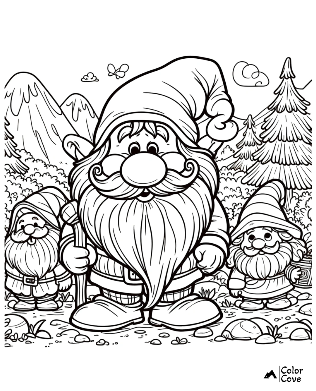 Three cheerful gnomes in a forest clearing, ready to be colored. Features mountains, trees, and a butterfly.