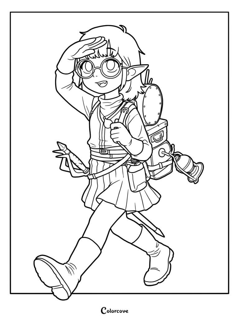 A young dwarf explorer with glasses and a backpack on a coloring page, shielding eyes while walking.