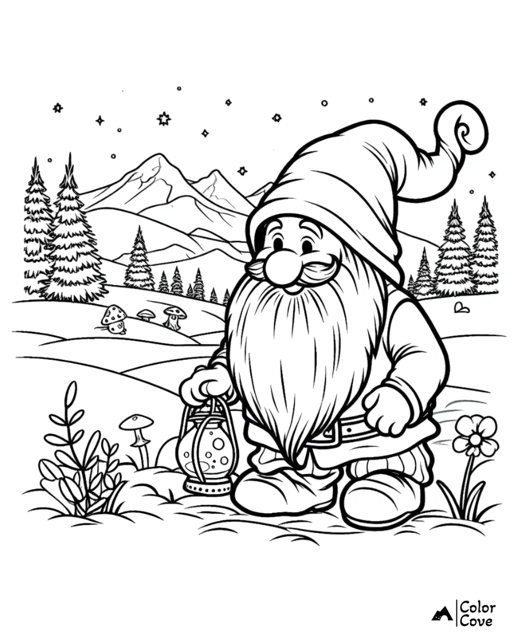 Printable gnome coloring page with lantern, pine trees, mountains, mushrooms, and stars in the background for kids.