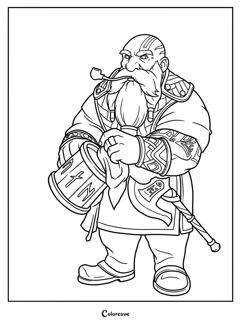 A bald dwarf warrior with a long beard and tattoos holding a beer tankard and smoking a pipe, coloring page.