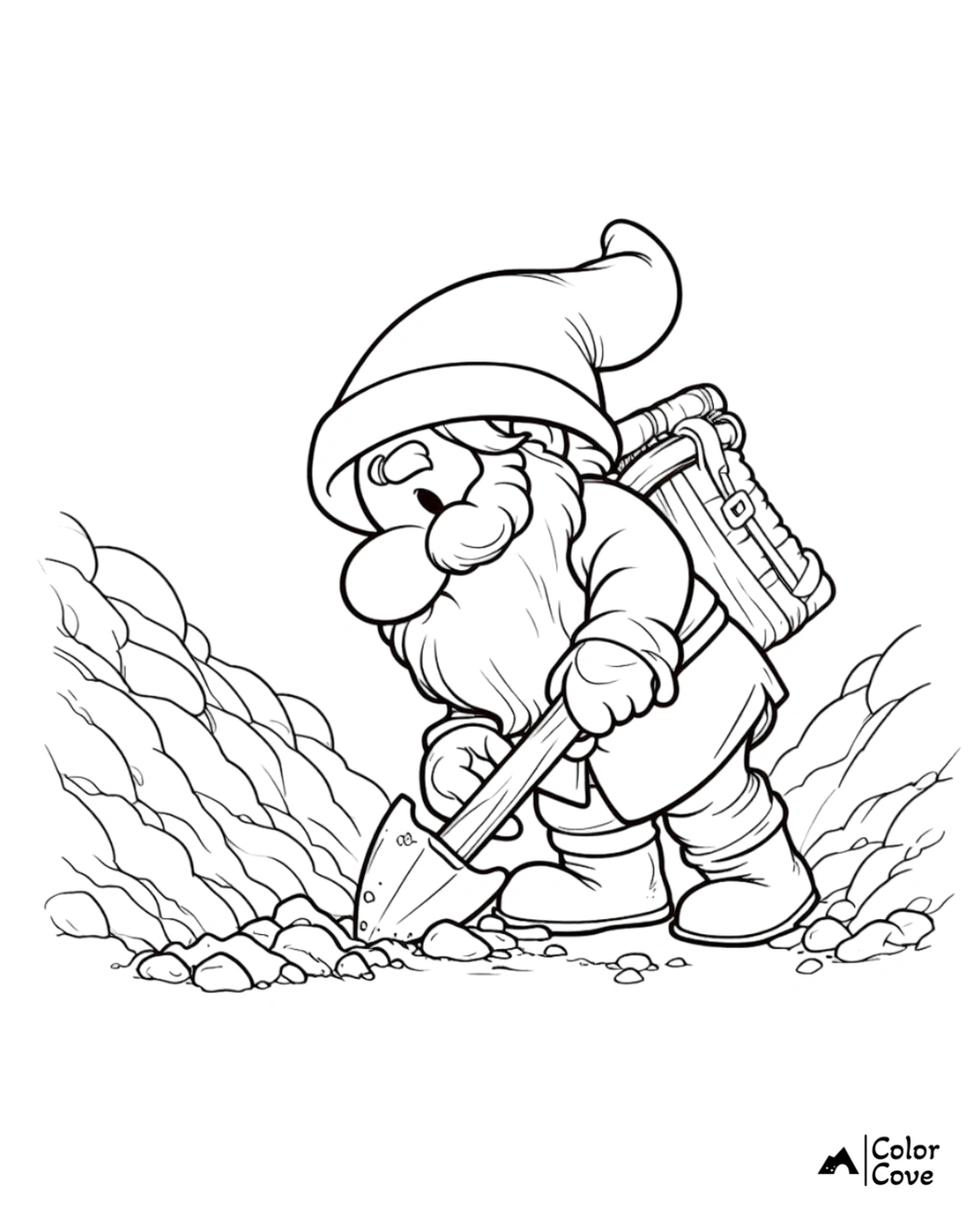 Gnome digging with a shovel coloring page. Printable gnome coloring sheet for kids and adults. Cute gnome artwork.