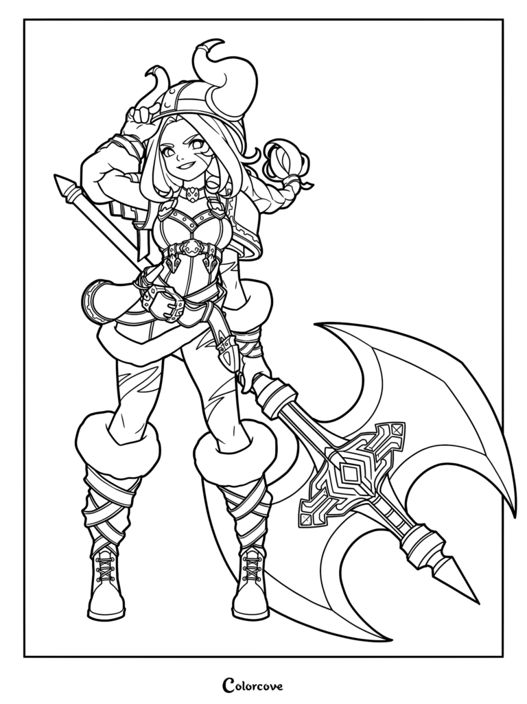 Female dwarf warrior wearing a horned helmet and fur-trimmed armor holding a large battle axe in this printable coloring page.