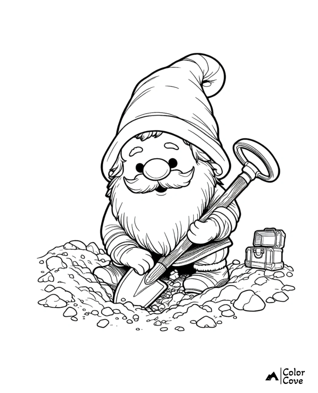 Coloring page featuring a gnome with a shovel, digging with a treasure chest nearby. Perfect for kids and adults to color.