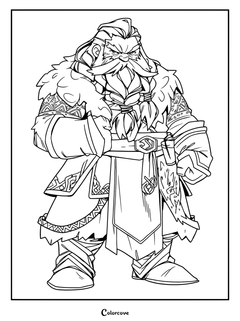 Thorin Oakenshield coloring page featuring a stout dwarf warrior with a braided beard, fur-lined cloak, and intricate tunic patterns.