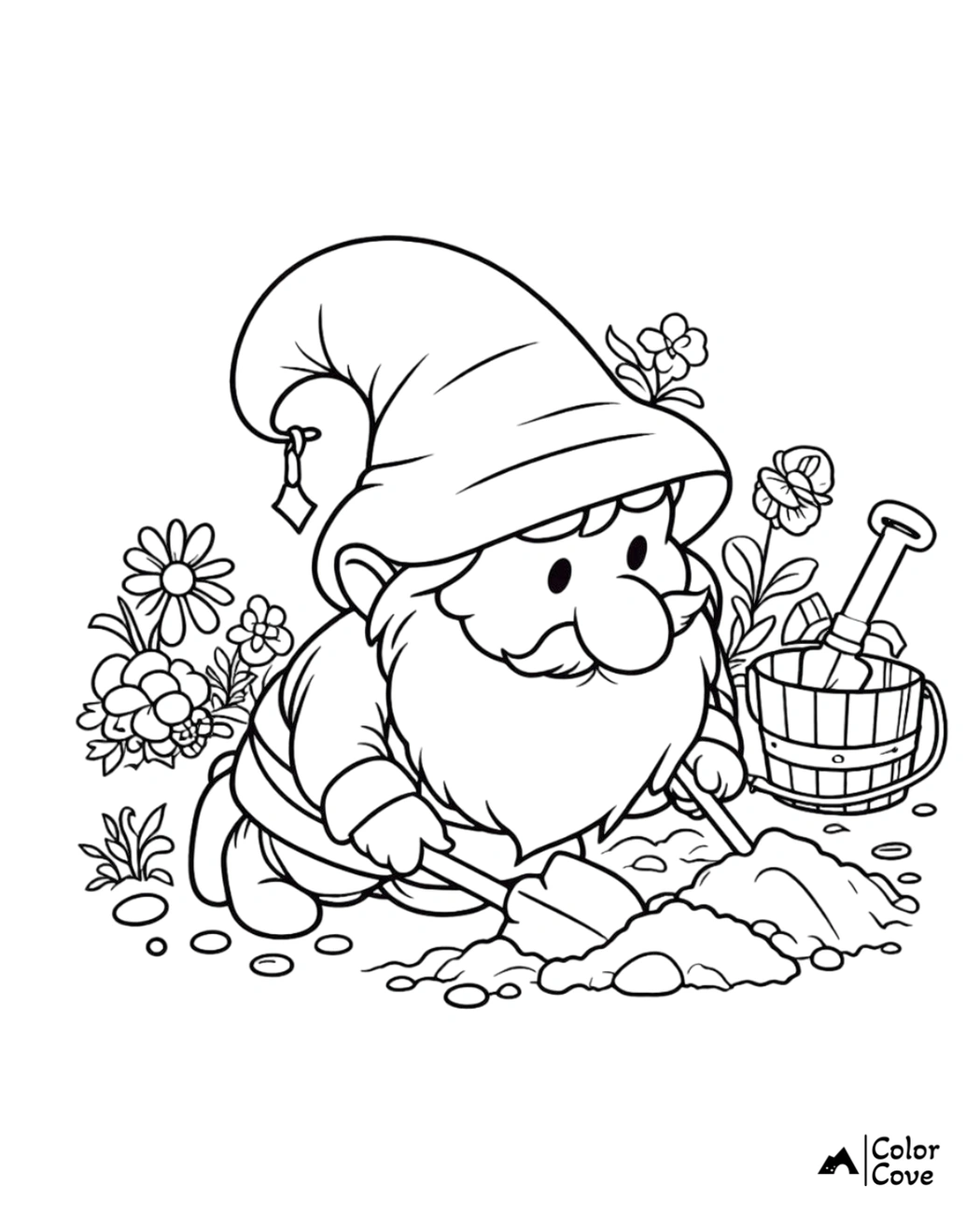 Gnome Coloring Page: Adorable garden gnome with shovel and flowers | Free printable coloring sheet for kids and adults.