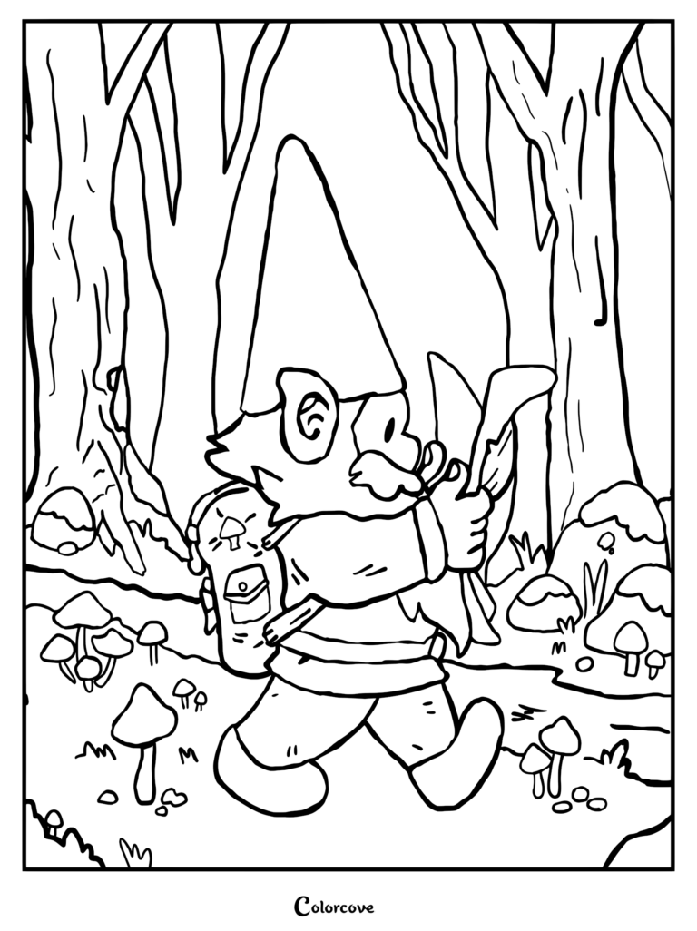 A dwarf wearing a tall hat and backpack hiking through a mushroom-filled forest in this printable coloring page.