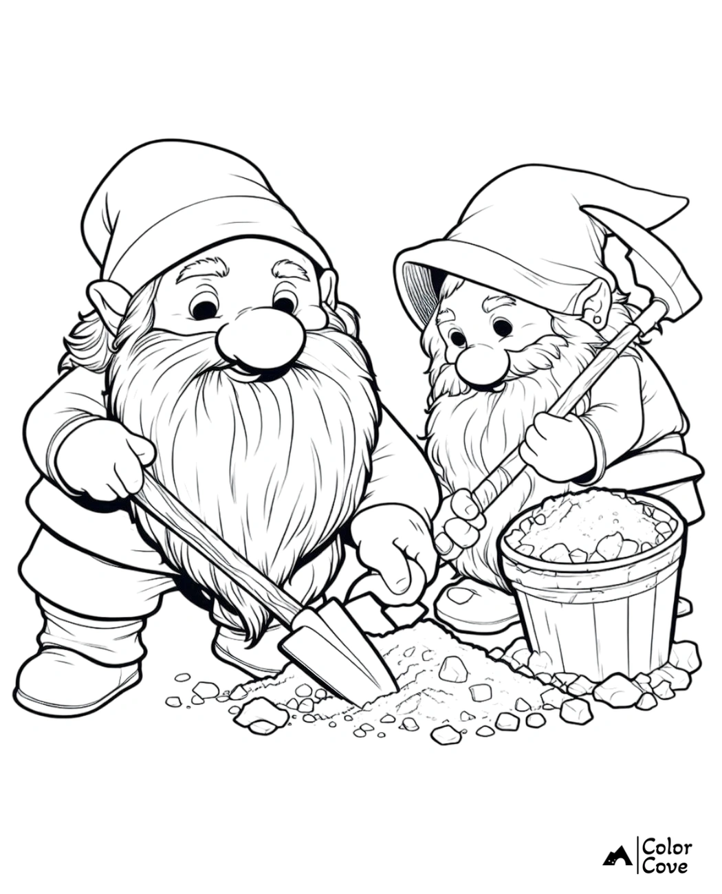 Two gnomes digging and collecting stones in a bucket, coloring page for kids from Color Cove.