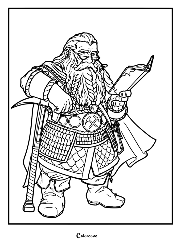 A coloring page featuring a bearded dwarf scholar wearing glasses and armor, holding a book while leaning on a pickaxe.