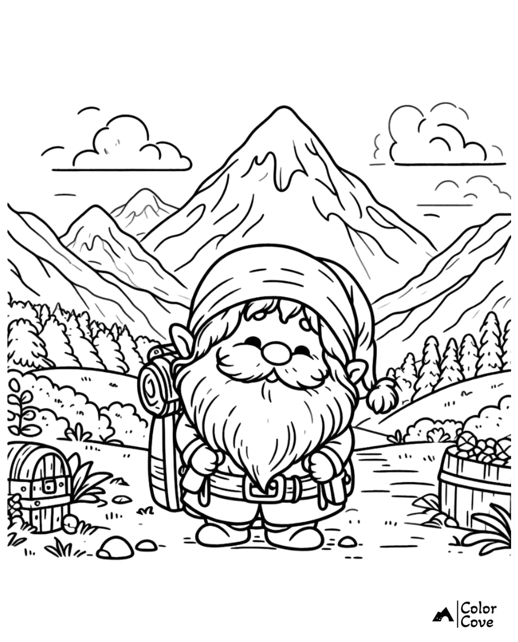 Gnome coloring page featuring a bearded gnome with a backpack in a mountain landscape with trees and a treasure chest.