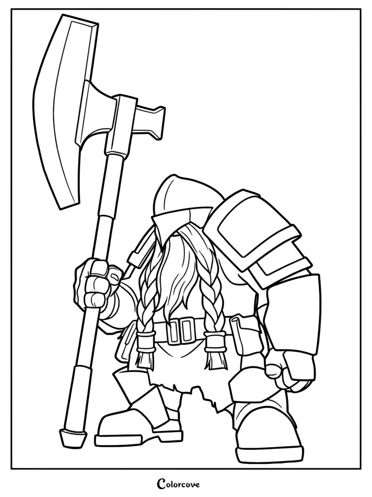 A coloring page of a stout dwarf warrior wearing heavy plate armor and a helmet, holding a massive battle axe with a long braided beard.