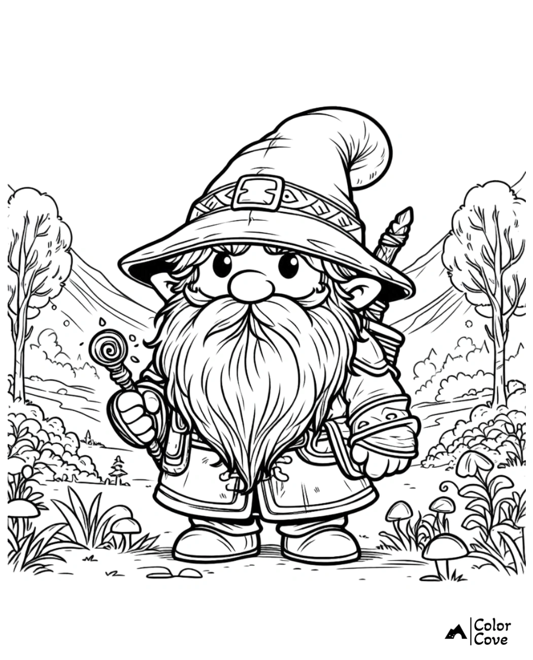 Coloring page of a whimsical gnome wizard holding a staff, surrounded by a fantasy forest with trees, plants, and mushrooms.