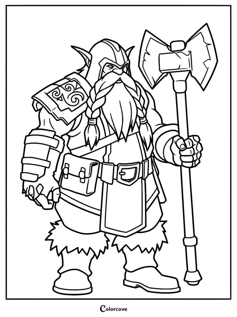 Dwarf warrior wearing a horned helmet and braided beard holding a large battle axe in this printable coloring page.