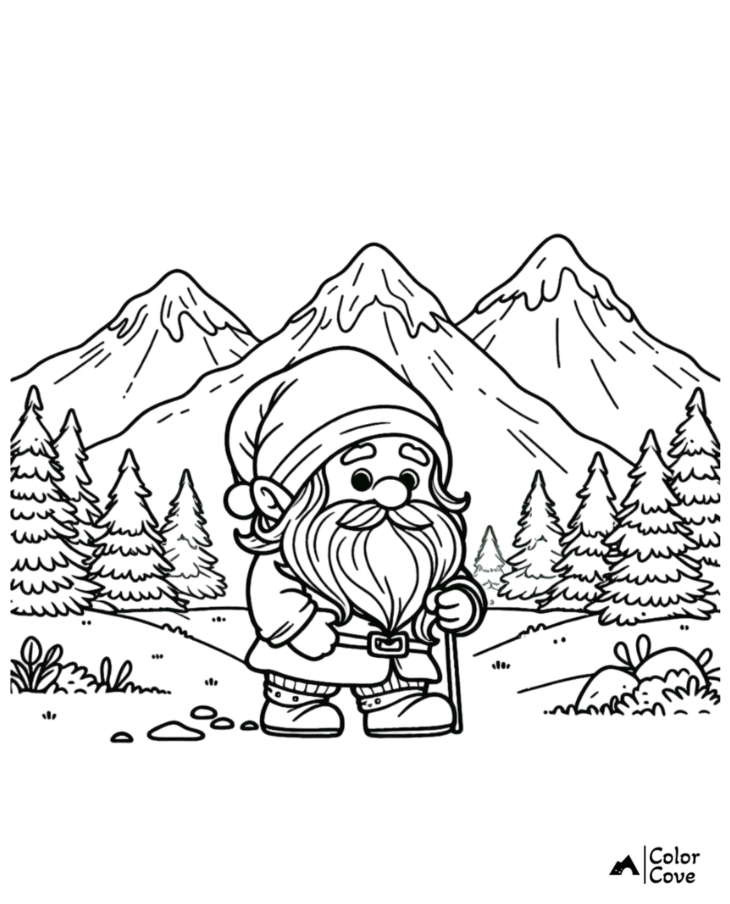 Cute gnome with a walking stick in a forest with mountains in the background, coloring page by Color Cove.