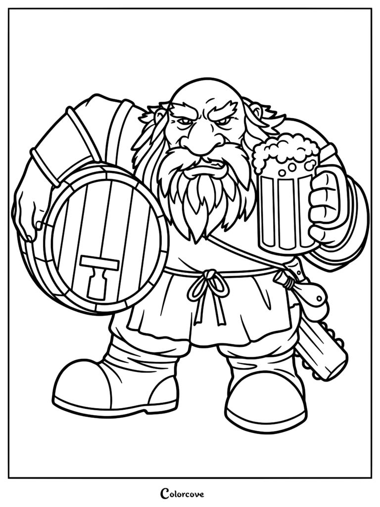 A sturdy dwarf holding a wooden barrel and a frothy beer mug in this printable coloring page.