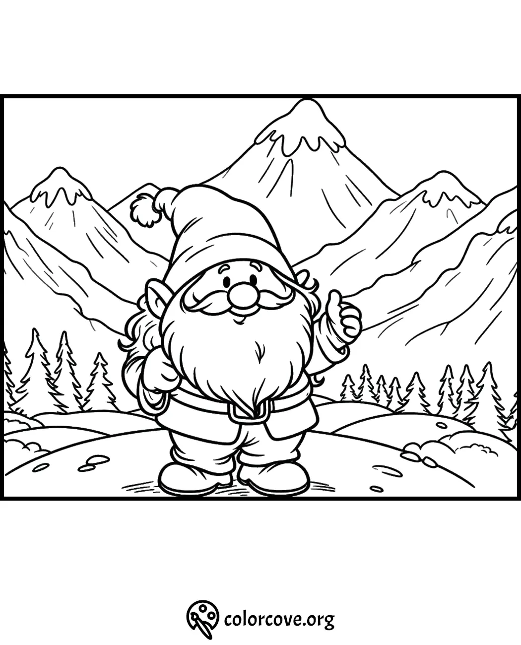 Gnome coloring page in a mountainous landscape with pine trees. Fun activity for kids. Colorcove.org logo at bottom.