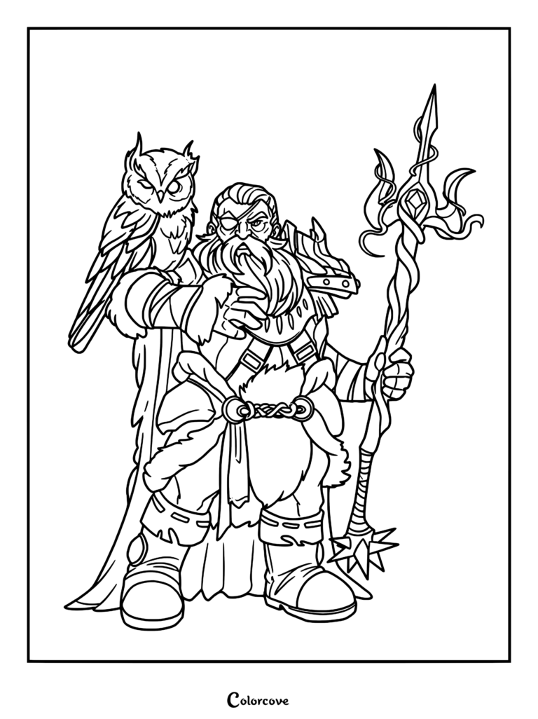 A coloring page featuring a bearded dwarf druid wearing an eyepatch and fur cloak, holding a magical staff with an owl perched on his shoulder.