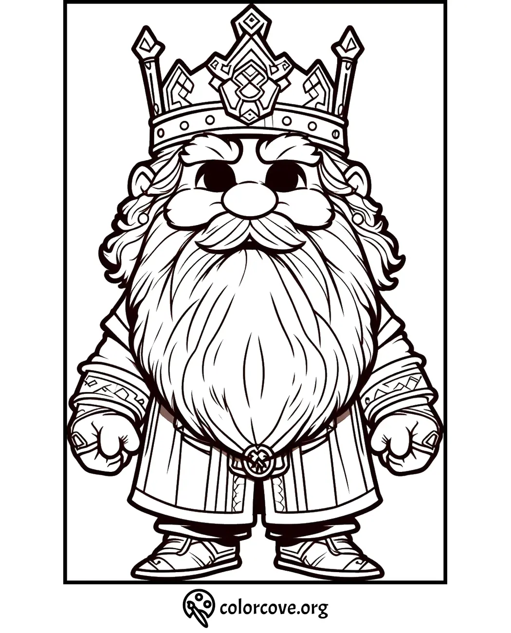 Coloring page of a bearded king wearing a crown. Detailed line art for children and adults. Visit colorcove.org.