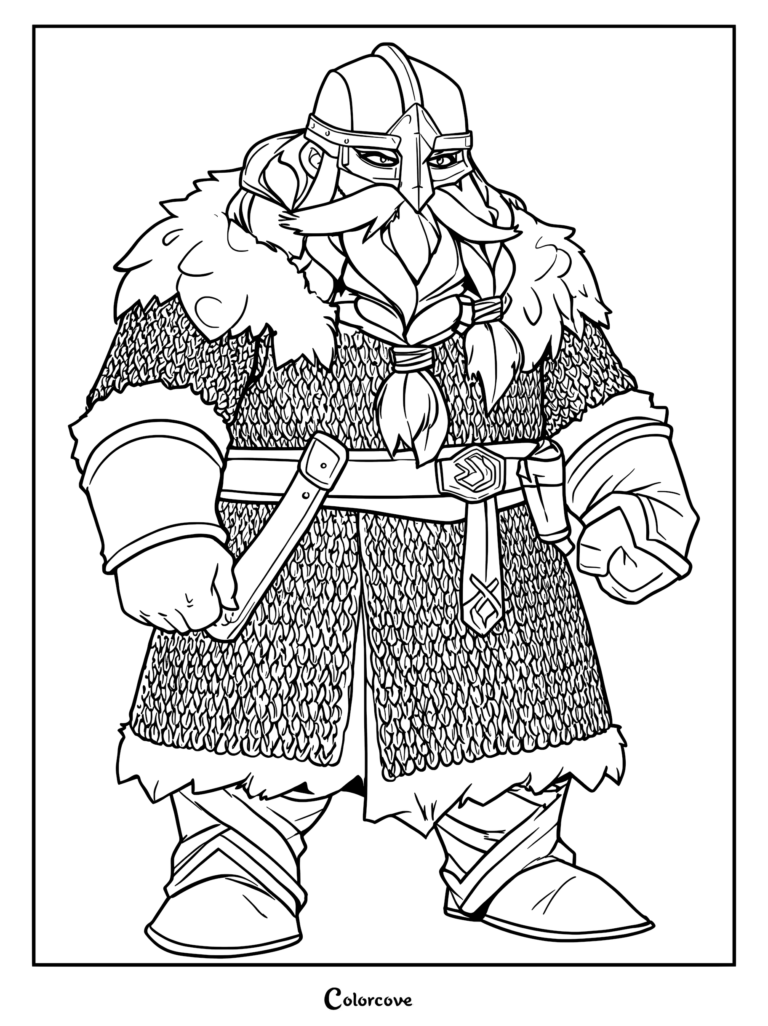 A stoic dwarf warrior wearing chainmail armor, a fur-lined cloak, and a horned helmet on a printable coloring page.