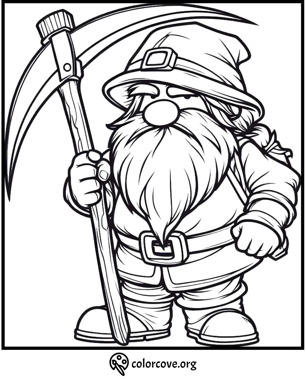 Coloring page of a gnome holding a large pickaxe, perfect for kids to enjoy creative and fun coloring activities.