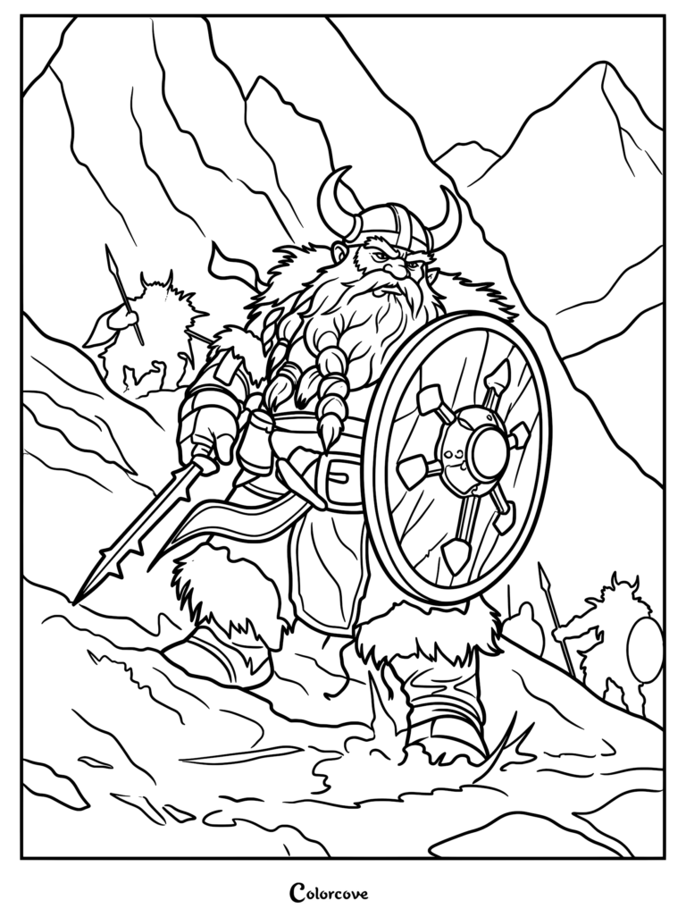A fierce Viking dwarf warrior with a horned helmet, braided beard, sword, and round shield climbing a snowy mountain, featured in a printable coloring page.