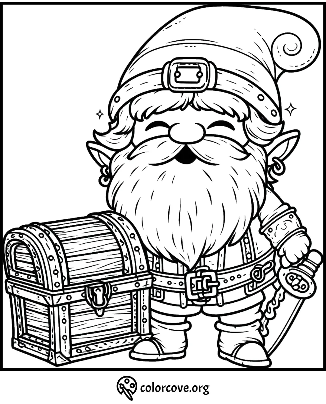 Coloring page of a happy gnome with a long beard standing next to a treasure chest, holding a sword.