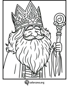 Coloring page featuring a bearded king with a crown and scepter, his eyes closed in a serene expression, by colorcove.org.